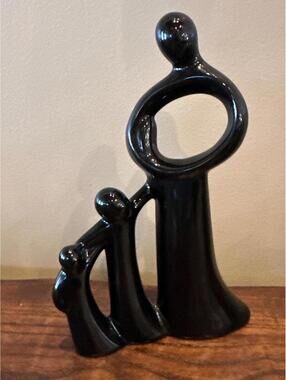 Vintage Mother and Two Children Black Ceramic Sculpture
